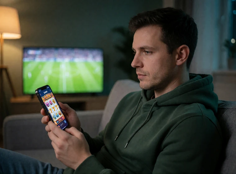 Spieler nutzt Online Slots mobil im Browser auf dem Sofa w&auml;hrend eines Fu&szlig;ballspiels im Fernsehen