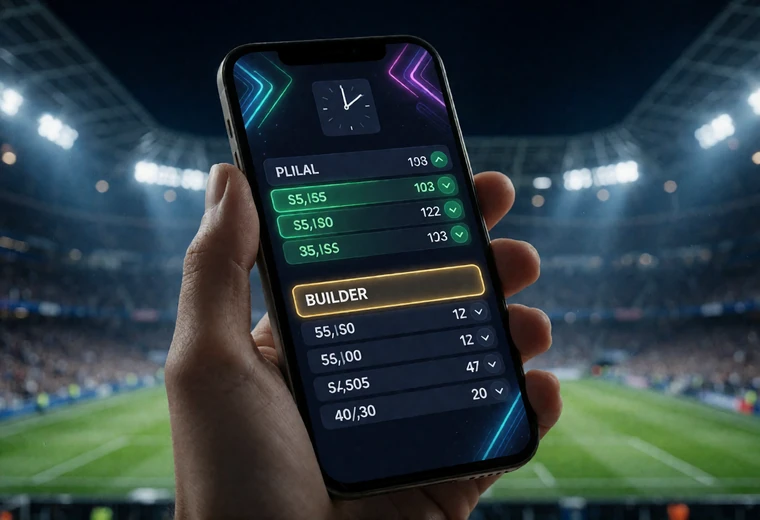 Smartphone mit Live-Wettschein und wechselnden Quoten vor einem beleuchteten Stadion w&auml;hrend der laufenden Partie