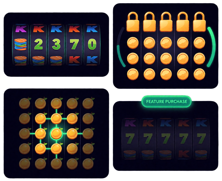 Vier Walzenschemata veranschaulichen Megaways, Hold and Win, Cluster Pays und Bonus Buy bei Online Slots