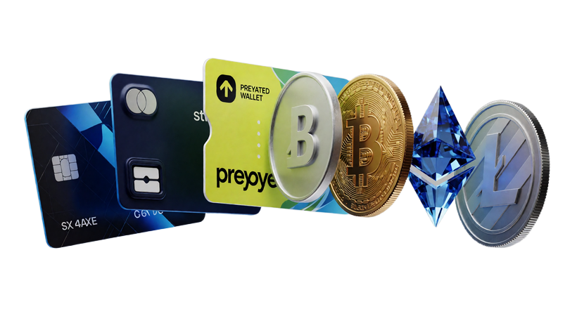 Karten, E-Wallet, Gutschein und Krypto-Symbole als Zahlungsmethoden im Online Casino