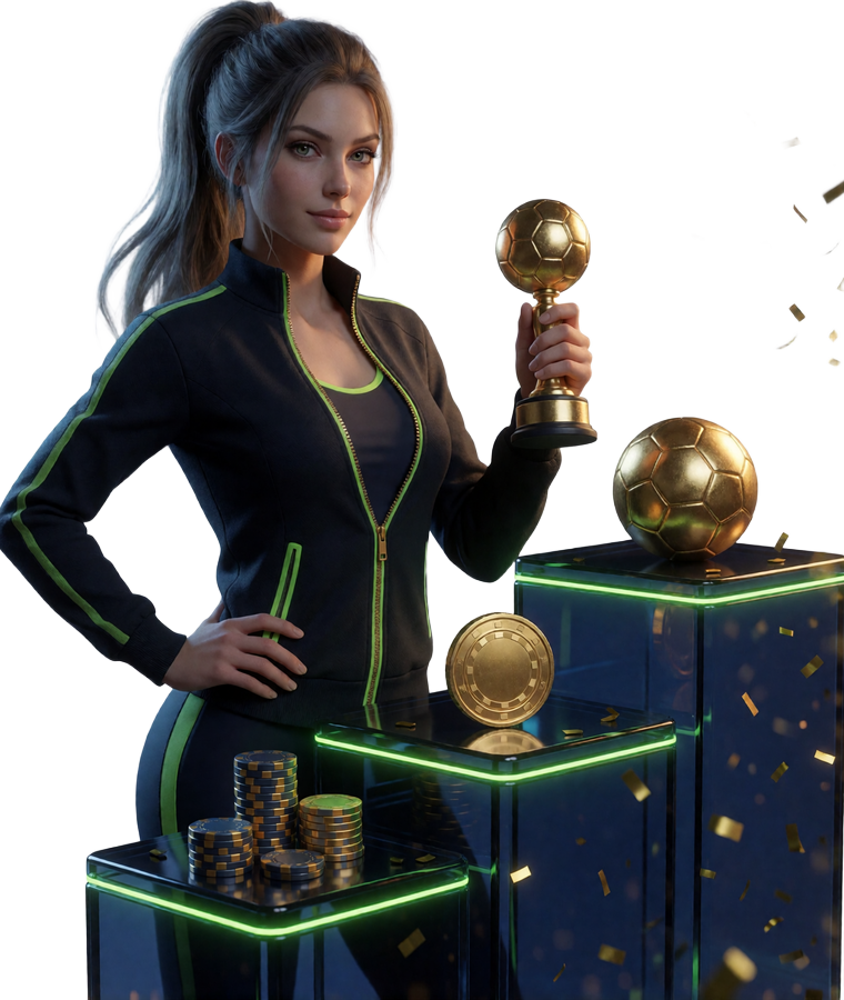 Spielerin mit goldenem Pokal neben drei aufsteigenden Stufen mit Chips und Freispiel-M&uuml;nze als Sinnbild f&uuml;r den gestaffelten Casino Bonus