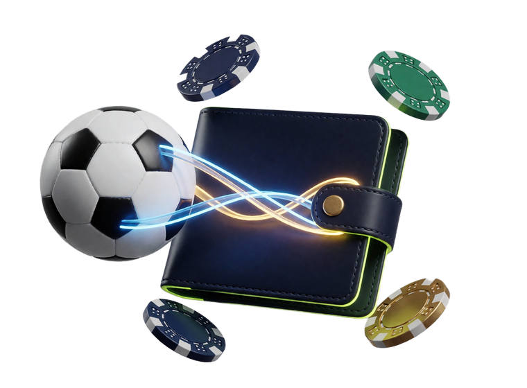Fu&szlig;ball, digitale Wallet und Casino-Chips zeigen das gemeinsame Guthaben bei Zoccer Casino
