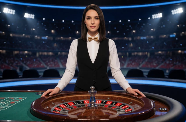 Live-Croupi&egrave;re am Roulette-Tisch unter Stadionflutlicht im Zoccer Casino
