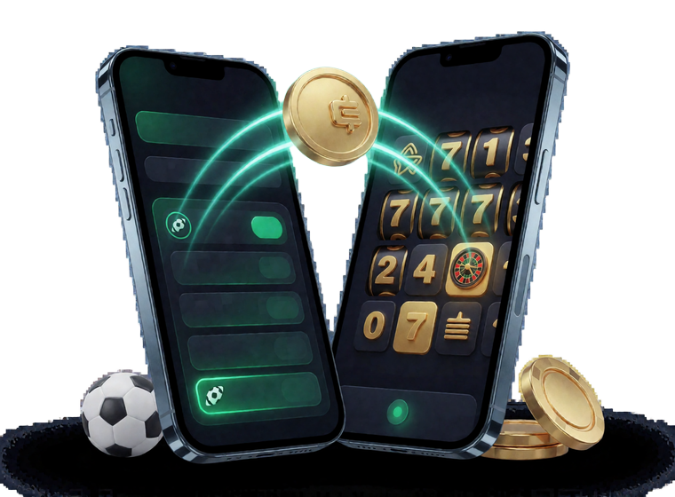 Zwei Smartphones mit Wettschein und Casino-Lobby, verbunden durch ein gemeinsames Wallet-Symbol f&uuml;r Sportwetten bei Zoccer