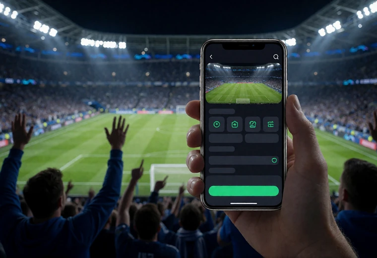 Hand mit Smartphone im mobilen Browser w&auml;hrend eines Fu&szlig;ballspiels bei Zoccer Casino