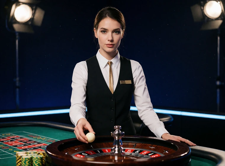 Croupi&egrave;re am Live-Roulettetisch im Studio zeigt den Unterschied zum Automatenspiel im Live Casino