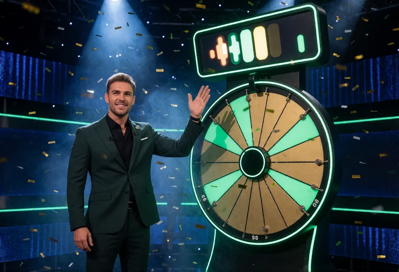 Moderator auf einer Game-Show-B&uuml;hne mit Gl&uuml;cksrad und Multiplikator-Anzeige im Zoccer Live Casino